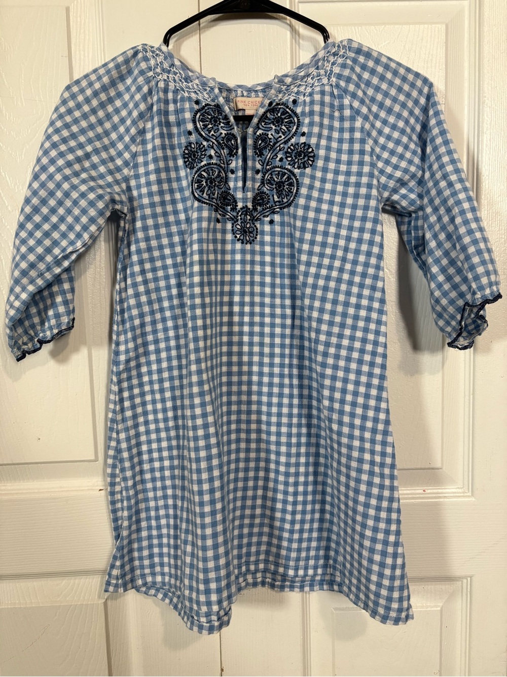 Pink Chicken Light Blue Gingham Embroidered Girls' Dress